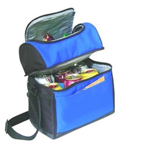 Double Compartments Cooler Lunch Bag with Leatherette Bottom, Blue
