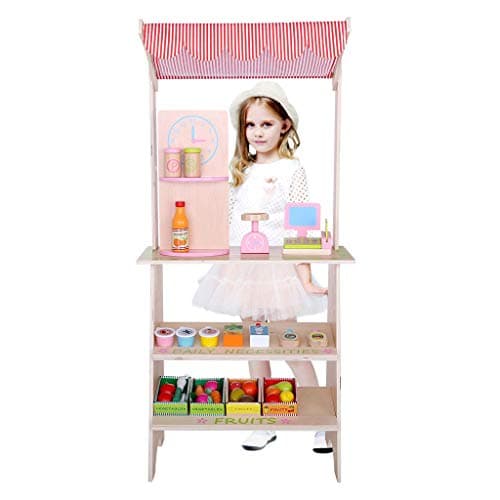 Lcyus Wooden Farmers Market Stand, Kid's Pretend Play Playroom Food Cart Grocery Market Fruit and Vegetable Stand for Girls & Boys (Multicolor)