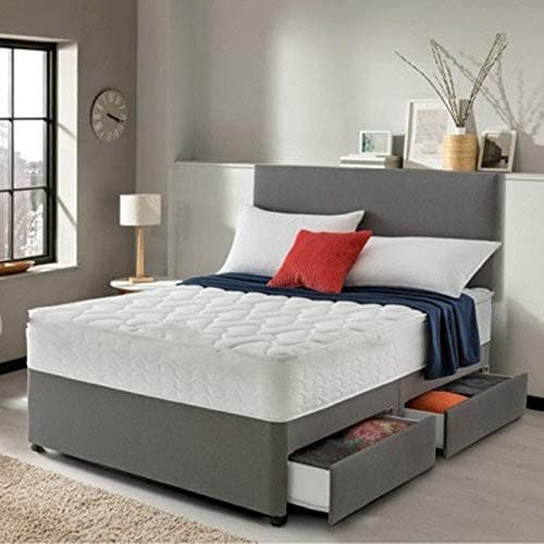 GHOST BEDS Lavish Grey Suede Divan Bed Set with Quilted 10 Inch Memory Collection Mattress and 20 Inch Headboard (Small Double 4FT, 2 Drawers)