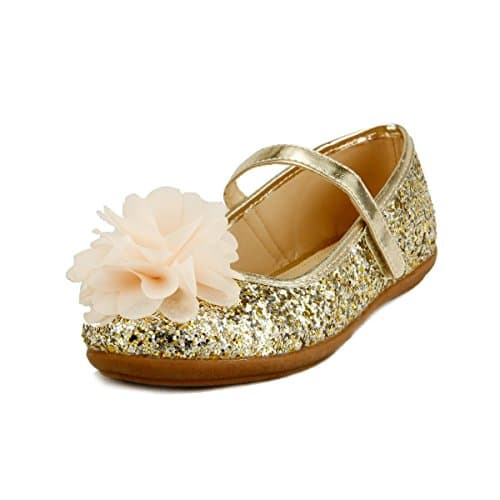 Wedding Party Flower Girl's Shoes Glitter Sparkling Chiffon Floral on Topper 3 Colors (10, Gold )