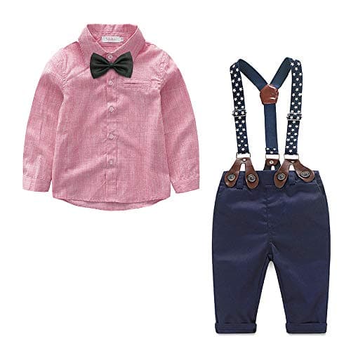 Baby Boys Summer Outfit Set Long Sleeve Shirt Overall Pants Outfit Suits Bow tie Infant Gentleman Pants Set (Red, 2-3 Years)