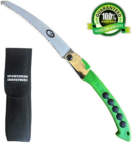 SPORTSMAN FOLDING HAND SAW - 10 Inch Long CURVED BLADE & Nylon Sheath 5yr Guarantee Best Tree Trimmer, Pruning Saw for Camping Gear, Hunting, Survival Kit or Gardening. Rips Through Wood & Bone