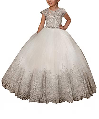 Cap Sleeve Long White Flower Girls Dresses for Wedding Communion Gown US2