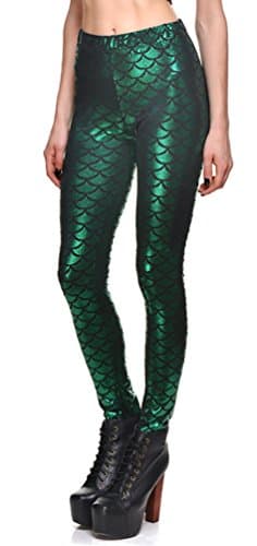 Women's Hot Green Fish Scale Leggigns Workout Running Stretch Tight Long Pants S