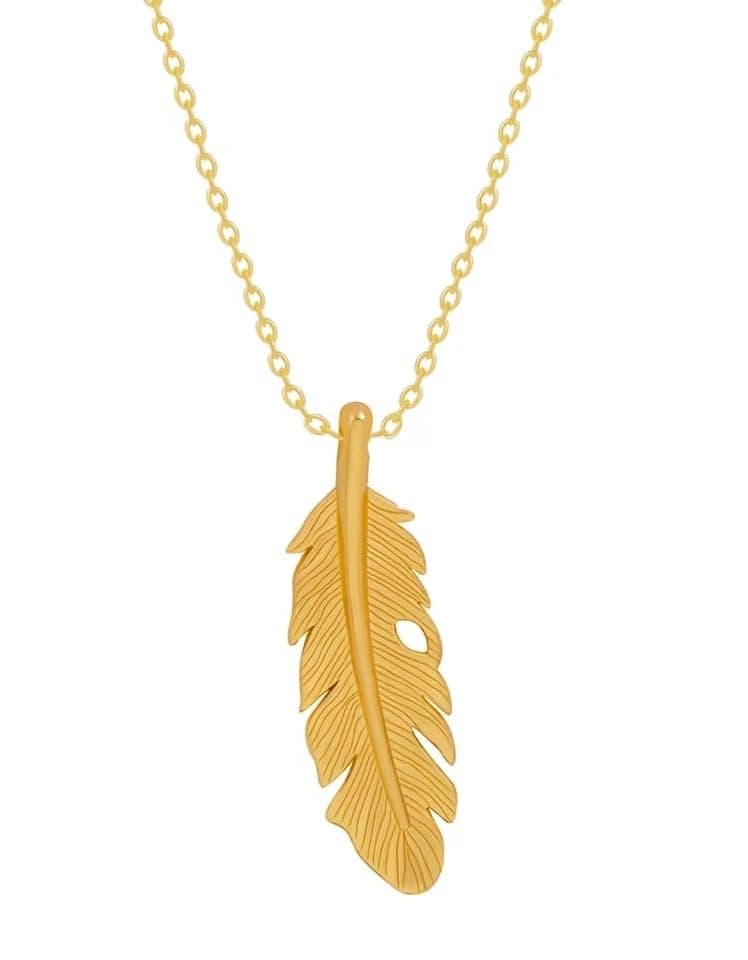 Adhvik Golden Color Unisex Stylish Trending Stainless Steel Funky Leaf Plume Feather/Pankh Tail Charm Locket Pendant Necklace With Clavicle Chain
