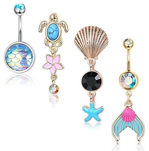 Subiceto14G Belly Button Rings for Women Stainless Steel Hawaiian Sea Mermaid Tail Turtle Shell Star Oceanic Navel Rings