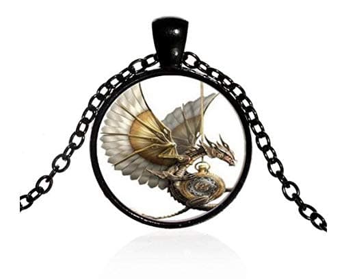 Vintage Steampunk Dragon Photo Cabochon Glass Pendant Necklace (Black XY#1Z)