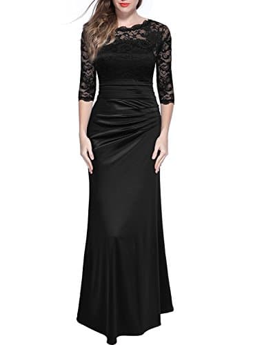 Women's Retro Floral Lace Vintage 2/3 Sleeve Slim Ruched Wedding Maxi Dress