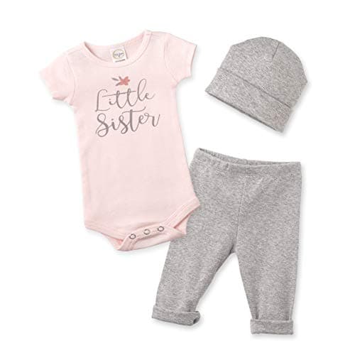 Tesa Babe Little Sister Bodysuit Set w/Pants & Hat for Newborns, Baby Girls & Toddlers, Pink & Grey
