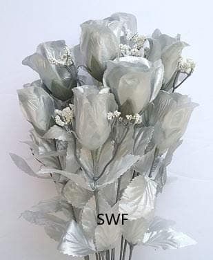 Wedding Flowers 19" Rose Bud Bush Silk 14 Heads (Silver)