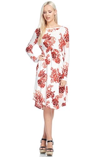 Modest Shop LA MSLA1459 Long Sleeve Floral Midi Dress with Pockets (Large, Ivory/Red)
