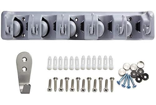 Mop Broom Holder, Garden Tools Wall Mounted Commercial Organizer Saving Space Storage Rack for Kitchen Garden and Garage (5 Position with 6 Hooks) (1 Pack)