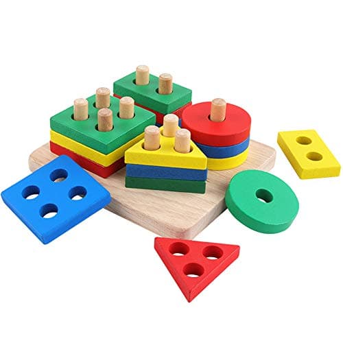 GEMEM Wooden Educational Shape Color Recognition Geometric Board Puzzle Blocks Toddler Stack Sort Toys Baby Children Non-Toxic Blocks for 1 2 3 Year Old Boys Girls
