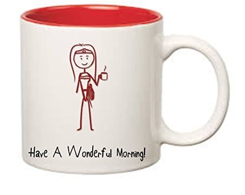 Have A Wonderful Morning sarcastic Wonder Woman coffee mug with funny saying image of The Amazonian Princess on both sides holding a drinking mug with a hot beverage, awesome Mothers Day gift for her