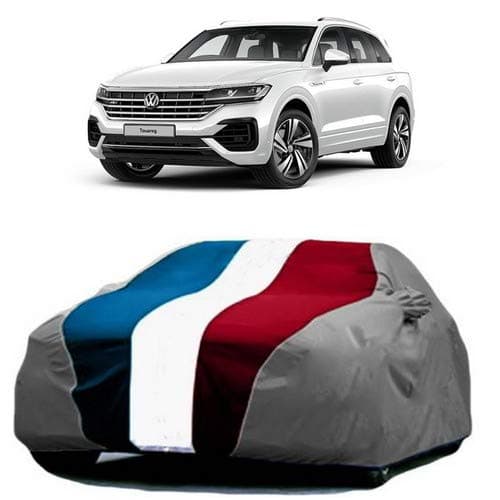 DRIZE Car Cover for Volkswagen Touareg with Triple Stitched Fully Elastic Ultra Surface Body Protection (Baklol Red Blue Gray with Mirror Pockets)