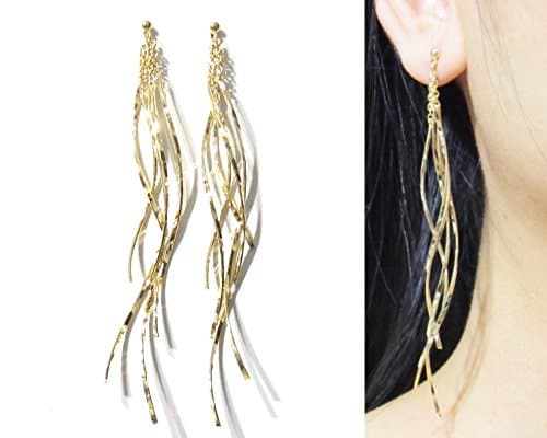 Japanese Omega Clip On Earrings, Gold Or Silver Plate Fringe Tassel Wavy Bar Chandelier Dangle Clip-ons Non Pierced Earrings