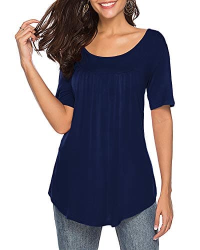 THANTH Womens Tops Casual Tee Shirts Short Sleeve Pleated Solid Color Loose Tunic Tops Blouses