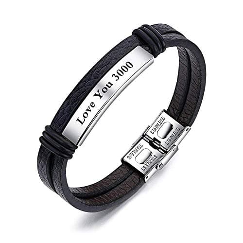 Personalized Mens Black Leather Bracelets Free Engraving 7.6 Inches ID Bracelets Customized for Men Women