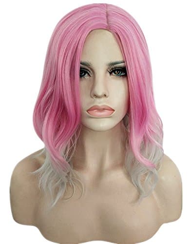 AneShe 14 Inches Women Girls Short Pink Ombre Wavy Wig Synthetic Hair Wig With Parted Bangs (Pink/Grey)