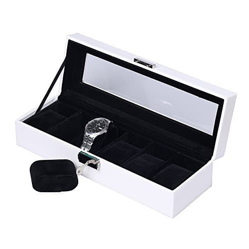 JKC Watch Box Watch Organiser, Watch Box Storage for 6/10/12 Grids Faux Display Case Jewelry Boxes with Glass Lid Lock Key and Velvet Liner