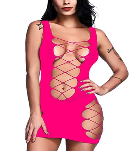 Woosifun Women Sexy Fishnet Lingerie Sleepwear V-Neck Babydoll Chemise Nightwear Mini Teddy Dress Dress One Size