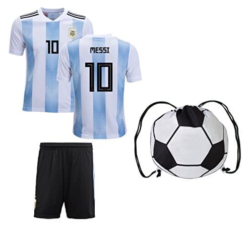 Messi #10 Argentina Home Kids Soccer Jersey Short Sleeve Kit with Free Shorts Bonus Ball Bag Youth Sizes (YM 8-10 Years, Home Short Sleeve Ball Bag) Aqua