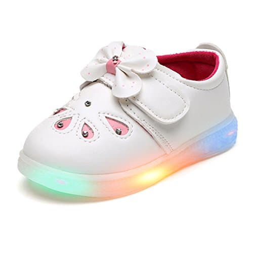 Kids Girls will shine shoes LED flash sports shoes bow flat shoes (Toddler 8M, Withe)