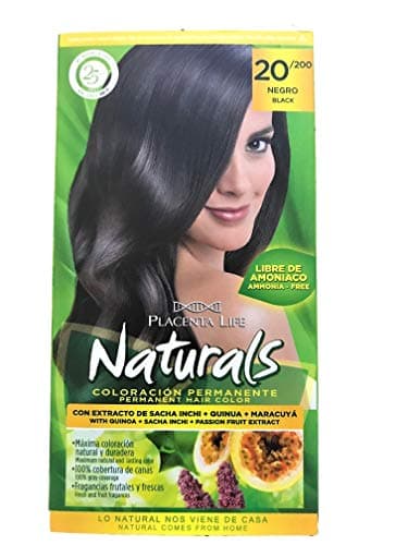 Placenta Life Naturals Permanent Hair Color with Quinoa + Sacha Inchi + Passion Fruit Extract - Ammonia Free - 100% Gray Coverage - Fresh and Fruit Fragances (20/200 Black)
