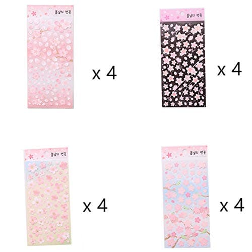 MIAO JIN 16 Pcs Decorative Craft Sakura Stickers Self-Adhesive Decorative Paster Decals for Scrapbooking or Card Making (4 Pattens)