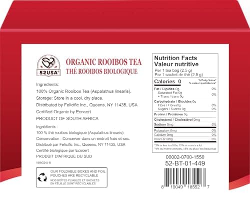 52USA Rooibos Tea Organic, 100 Tea bags, Pure Premuim Rooibos Tea, Naturally Sweet Herbal Tea, Caffeine Free Rooibos Tea, Farmed in South Africa, 9oz (250g)