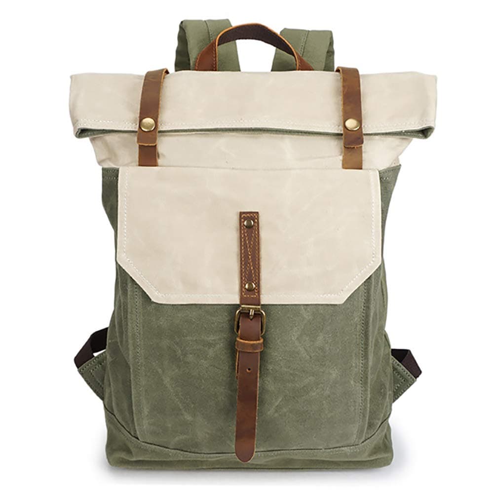 Roll Top Canvas Backpack, Hiking Daypacks Satchel Bookbag Vintage Water-Proof Waxed Leather Laptop Bag 15.6inch College Studenet Backpack for Men Women