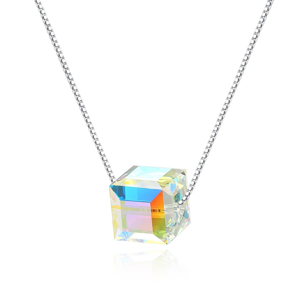 925 Sterling Silver Cube Cubic Candy Square Aurora Borealis Necklace