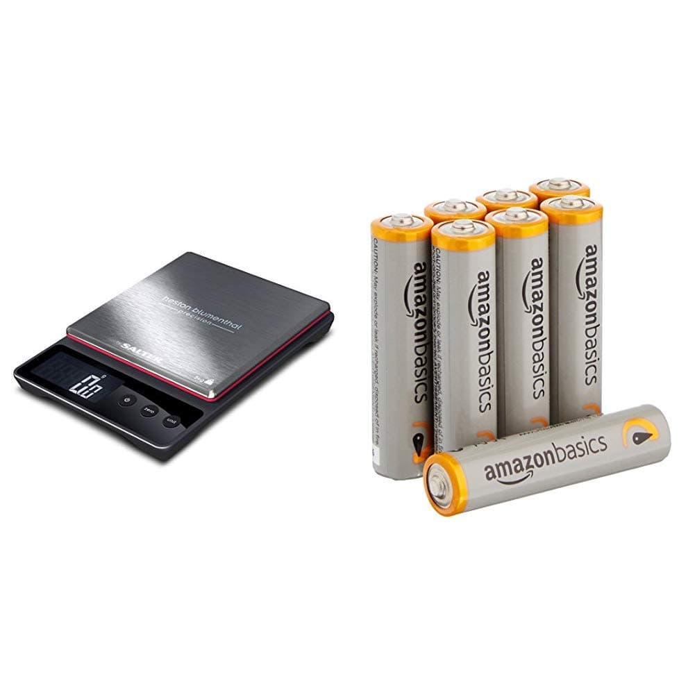 HestonBlumenthal Precision Kitchen Cooking Scales by Salter, Weigh Food up to 5kg Within 0.5g Accuracy, 15yr Guarantee – Black/Silver & Amazon Basics AAA Performance Alkaline Batteries [Pack of 8]