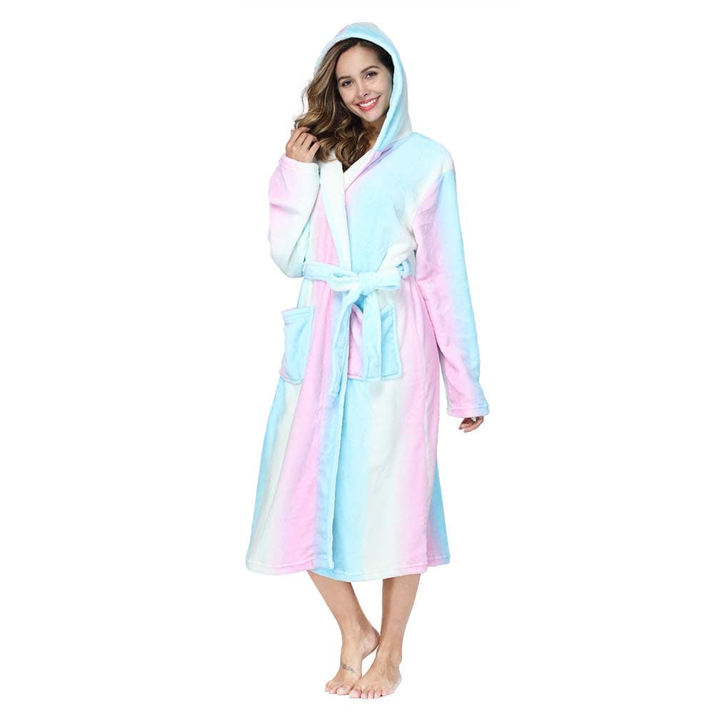 Womens Robes Plush Fleece Hooded Bathrobe Thick Nightgown with Pockets Fluffy Sleepwear