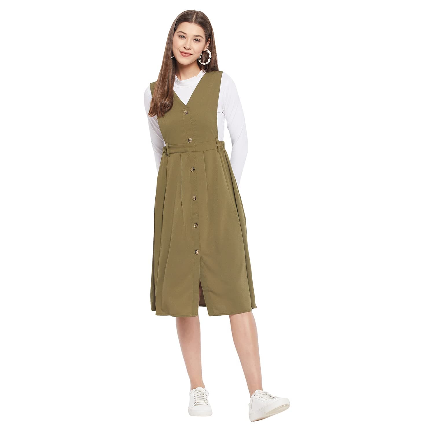 WineRed Women Soild Pinafore Dress with Button