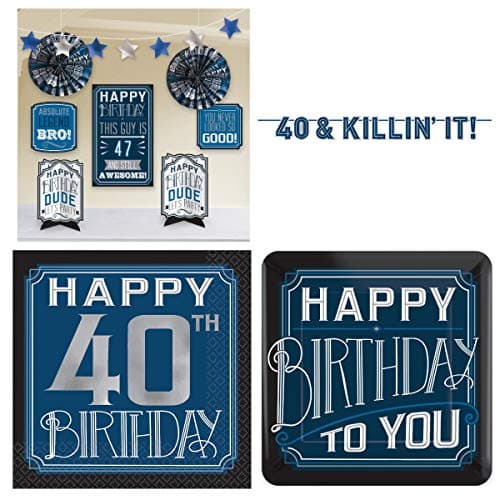 Masculine Guy Happy 40th Birthday Party Pack - Room Decorating Kit, Plates, Napkins, and a Banner - Serves 16 Guests
