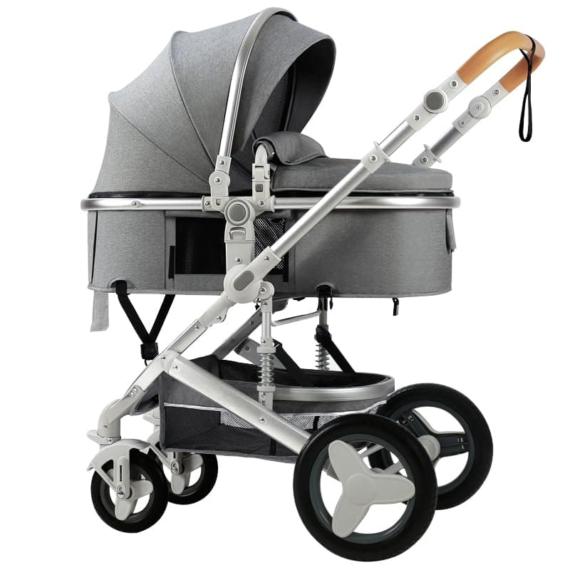 Luxury Baby Stroller 2 in 1 with Bassinet Mode Foldable Infant Stroller High Landscape Reversible Stroller Travel Pram Baby Carriage (Grey)