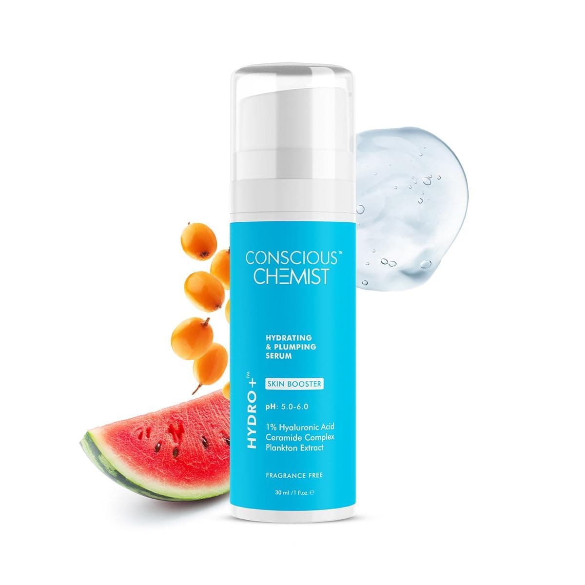 Conscious Chemist 1% Hyaluronic Acid Serum | 30ml | Face Serum for Dry Skin, Ceramide, with Plankton Extract, Treat Dull & Dehydrated Skin, Plumps & Hydrates, For Men & Women - Hydro+