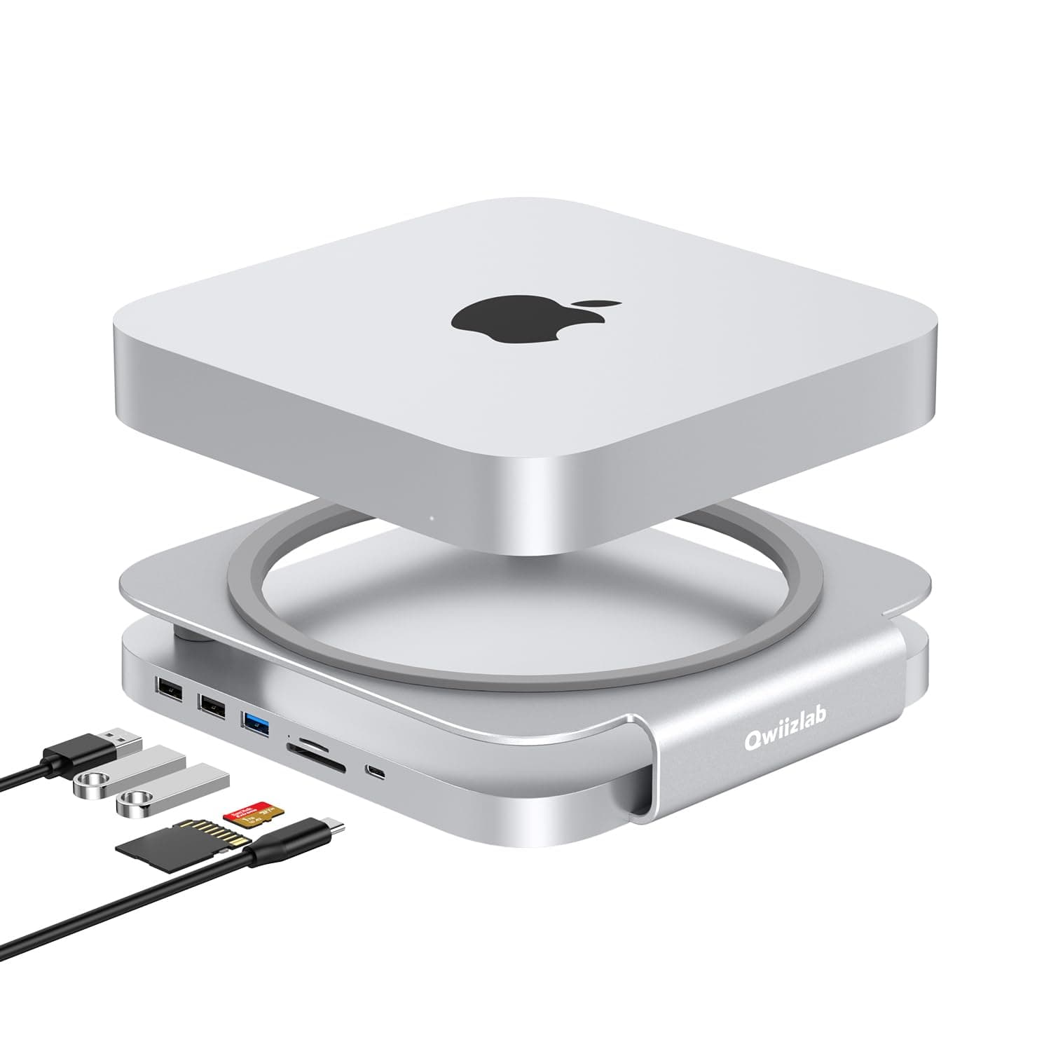 Qwiizlab USB-C Hub Stand with SSD Enclosure, Docking Station for Mac mini M2/M1 and Mac Studio M4 Max/M3 Ultra/M2/M1 Max/Ultra, Type-C 10Gbps, Card Readers 104MB/s, Fits M.2 SATA & NVMe SSD (Silver)