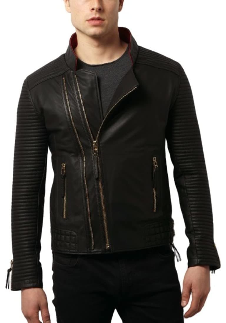 SKADOMen's Biker Black Lambskin Leather Zipper Jacket/Regular Black Jacket/Black Leather Jacket/Jacket for Winter Cover-Ups