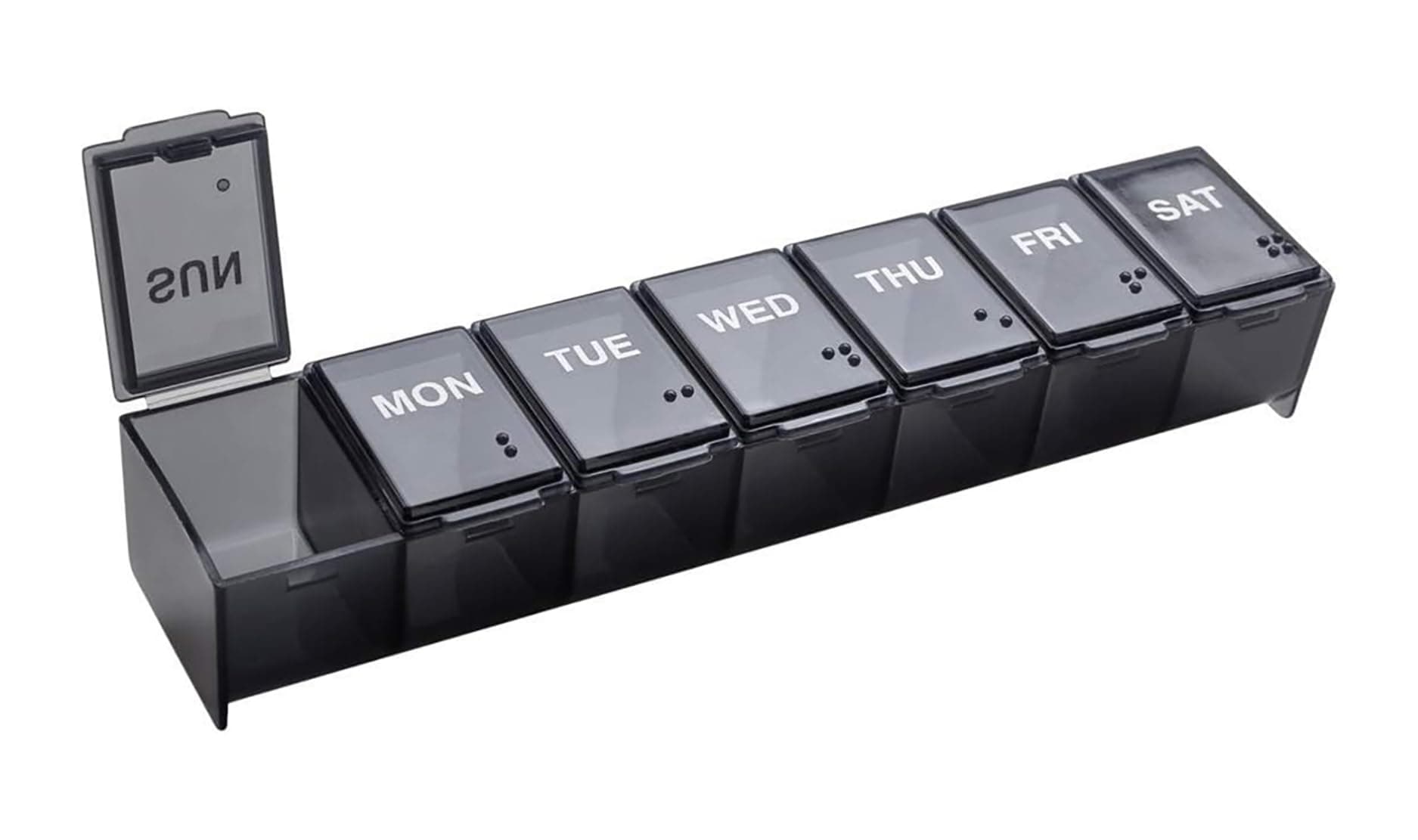 EZY DOSE Weekly (7-Day) Pill Case, Medicine Planner, Vitamin Organizer Box, Convenient and Easy to Use, Large Compartments, Travel Friendly, Black, Made in the USA, BPA Free