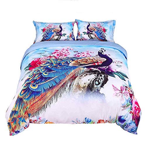 ENCOFT 3D Peacock Bedding Luxury Beautiful Peacock and Peony Watercolor Printed 4-Piece Duvet Cover Set, Full Size Peacock Sheets Set, No Comforters (Full, Multi)