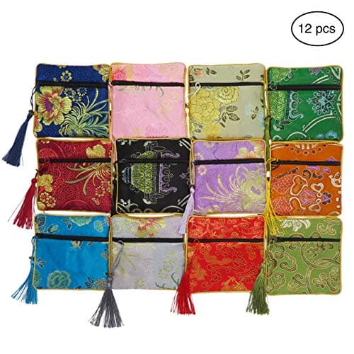 Ouyatoyu 12Pcs Chinese Silk Brocade Embroidered Jewelry Pouch Bag, Change Pouch Gift Bags Tasseled Coin Cash Purse Wallet with Zipper（12pcs Random Color）