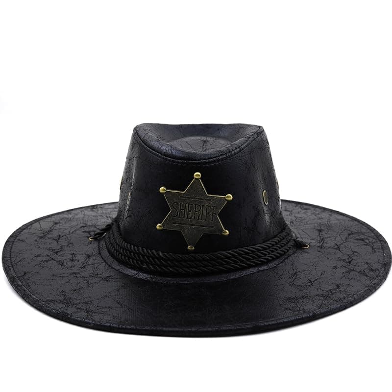 GenericSimple Male Leather Jazz Hat Adult Fedoras Hat Male PU Fedoras Cap Men's 8.5CM Wide Brim Leather Cowboyys Hat (01black, 56-58CM Adjustable)