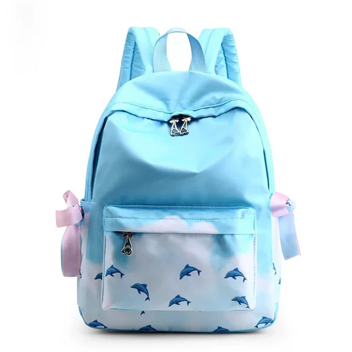 TYPIFY® Preppy Style Ribbon Dolphin Mermaid Women and Girls Backpack Spacious Bag. Gift for Her, White-Blue, M, Casual