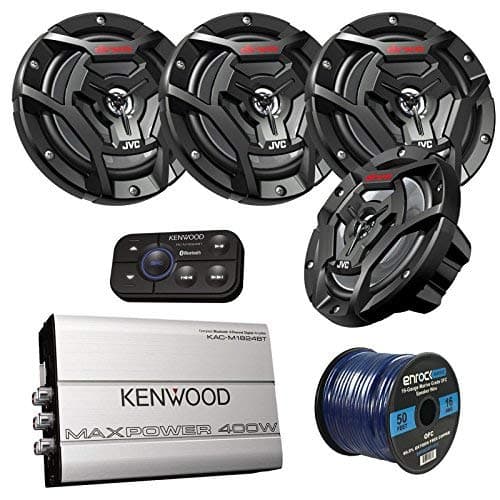 Marine Speaker and Amp Package: 4X JVC CS-DR6200M 100-Watt 6.5" 2-Way Coaxial Speakers Bundle Combo with Kenwood 320-Watt 4-Channel Waterproof Bluetooth Amplifier + 50Ft 16g Speaker Wire