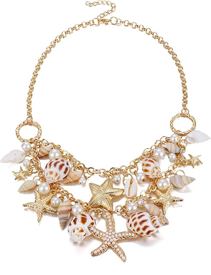 Shell Necklace Choker Mermaid Tail Necklace - Fashion Sea Shell Starfish Faux Pearl Collar Bib Statement Chunky Necklace Pendant
