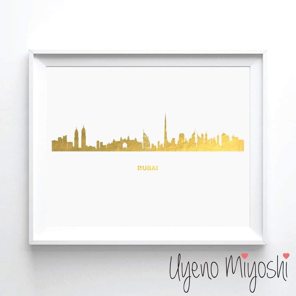 Dubai Skyline I Gold Foil Art Print Dubai Skyline Gold Print City Skyline Home Office Nursery Gold Wall Art Decor