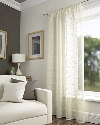 Filigree Harrogate Leaf Floral Ivory Cream Slot Top Voile Net Curtain Panel (55" Wide x 48" Drop)