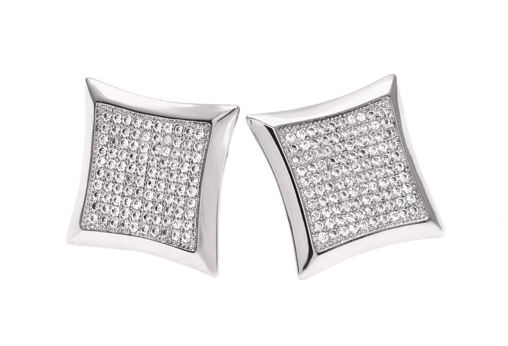 Men Earrings Solid Diamond Shaped Screw Back Stud Earrings Iced Out Hip Hop Jewelry with Sparkling Zircon (Silver)